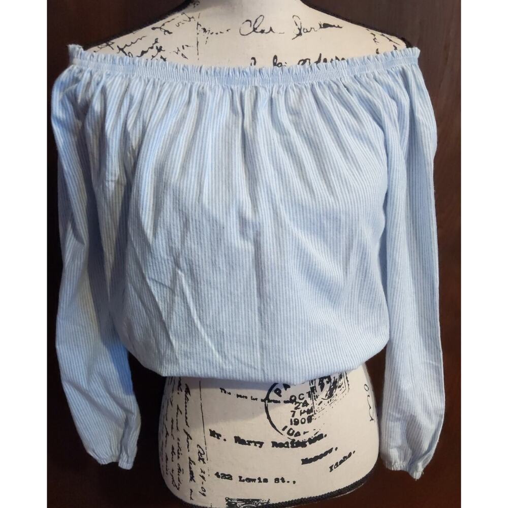 Peasant Long Sleeve Blue White Stripe Off Shoulder Crop Top Small Lightweight